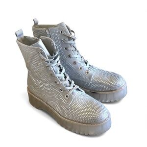 STEVE MADDEN Dynamite Rhinestone Silver Glitter Platform Lug Sole Combat Boots
